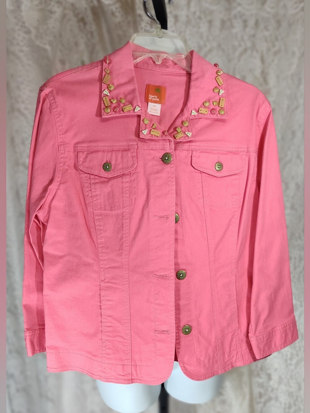 hearts of palm Solomon Pink Embellished Collar Jean Jacket